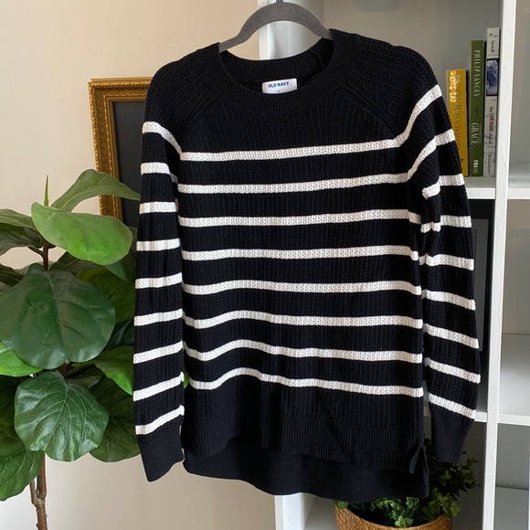 Striped Sweater Black & White, High-Low - Picture 1 of 6